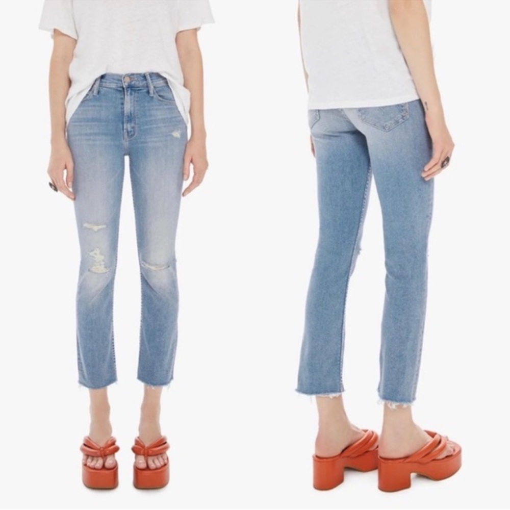Mother The Mid Rise Dazzler Ankle Distressed Light Blue Jeans in Weekend Kitten